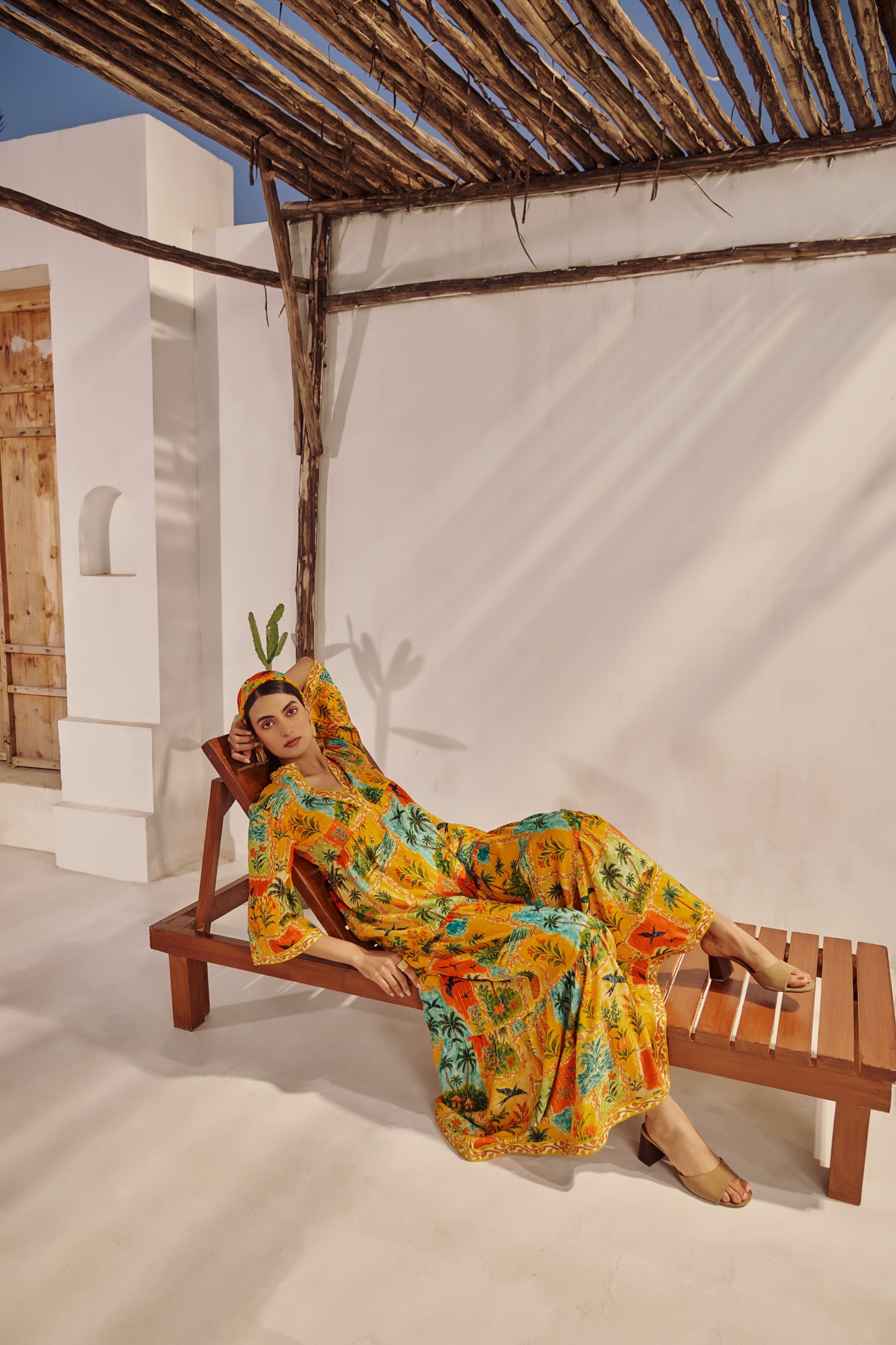 Mustard Tropical Landscape Printed Maxi Dress.