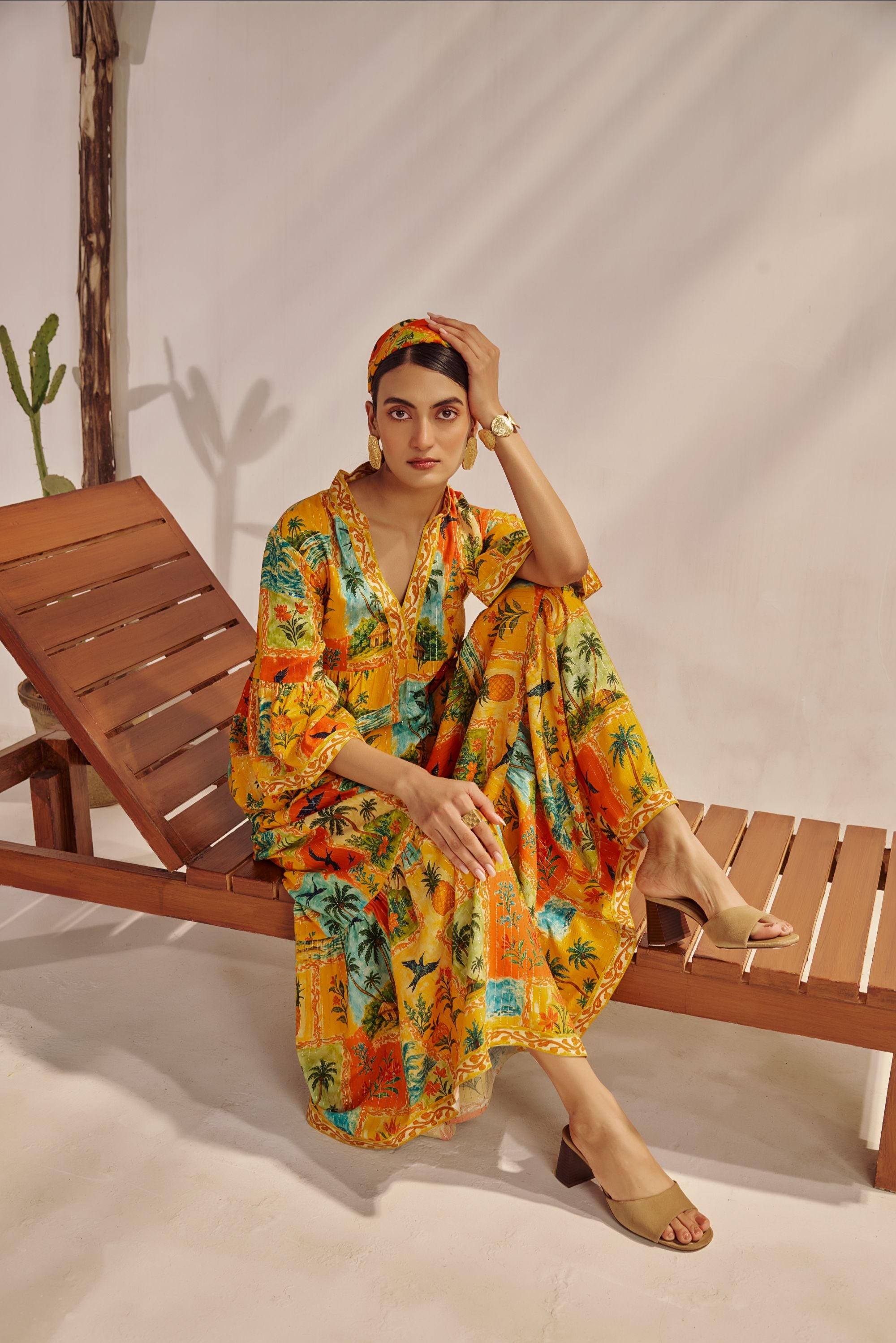 Mustard Tropical Landscape Printed Maxi Dress.