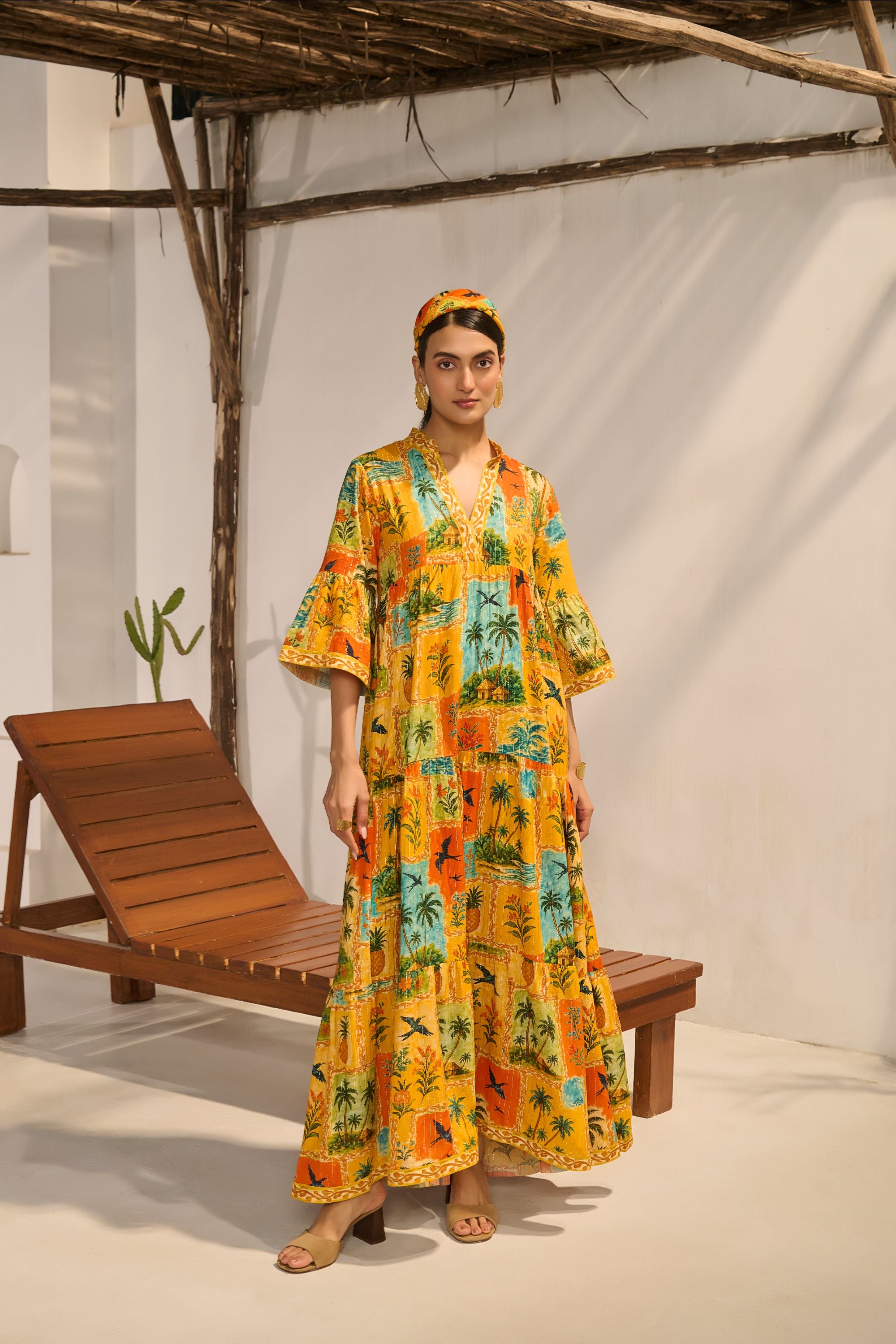 Mustard Tropical Landscape Printed Maxi Dress.