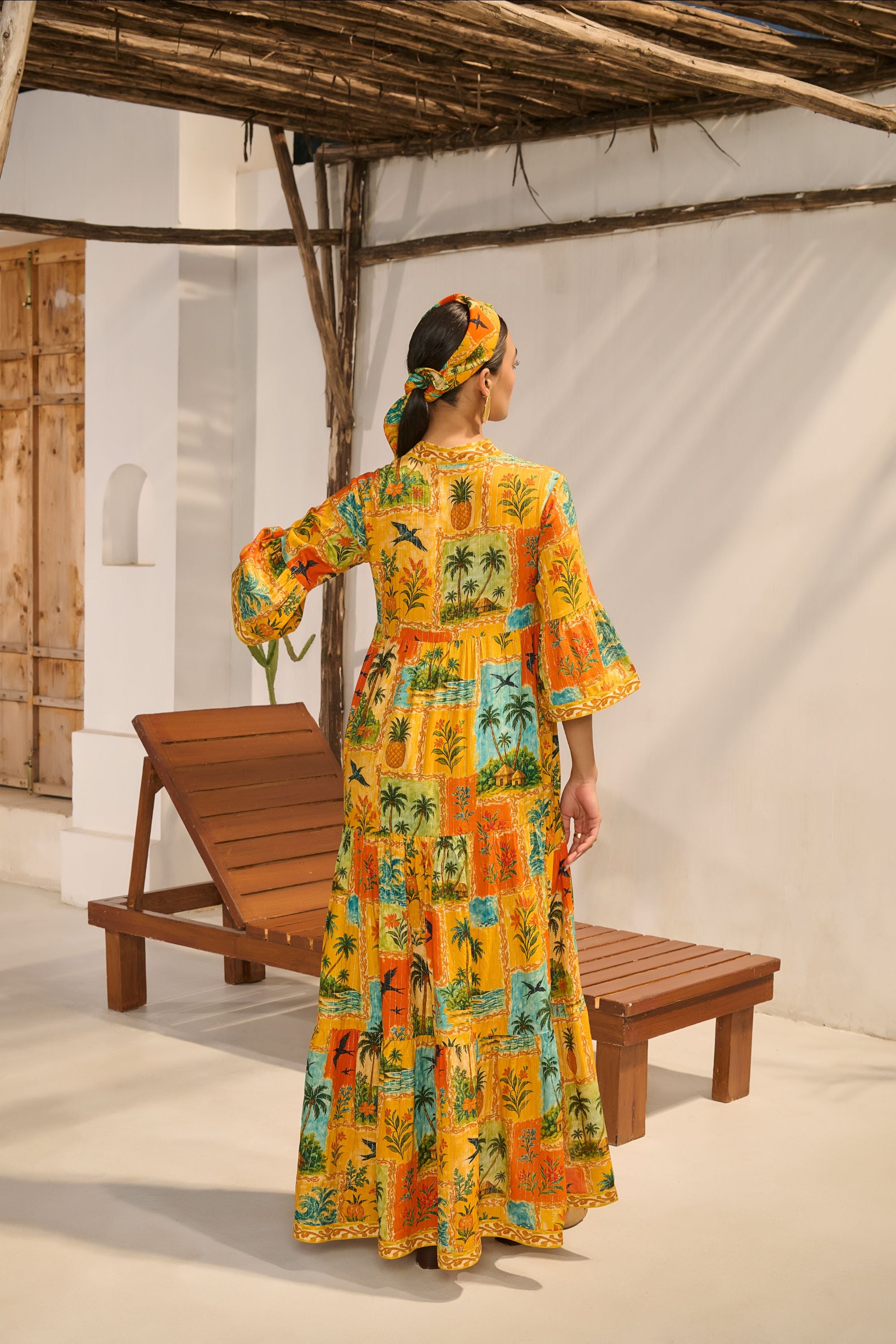 Mustard Tropical Landscape Printed Maxi Dress.