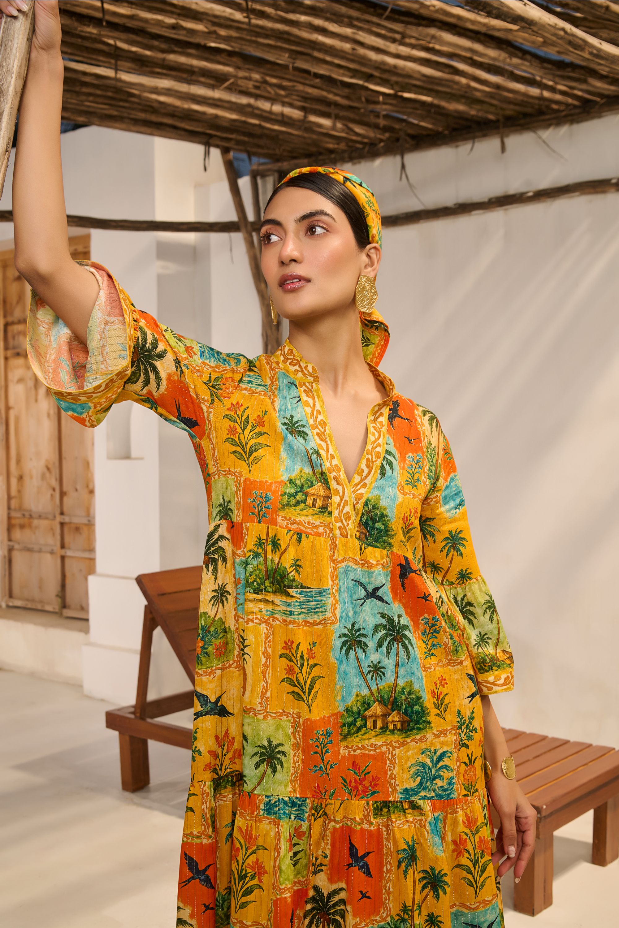 Mustard Tropical Landscape Printed Maxi Dress.