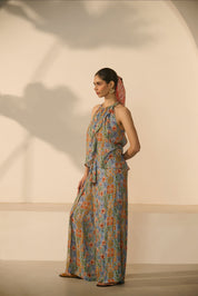 Blue Floral Halter Neck Pleated Top and Wide-Leg Trouser Co-ord Set