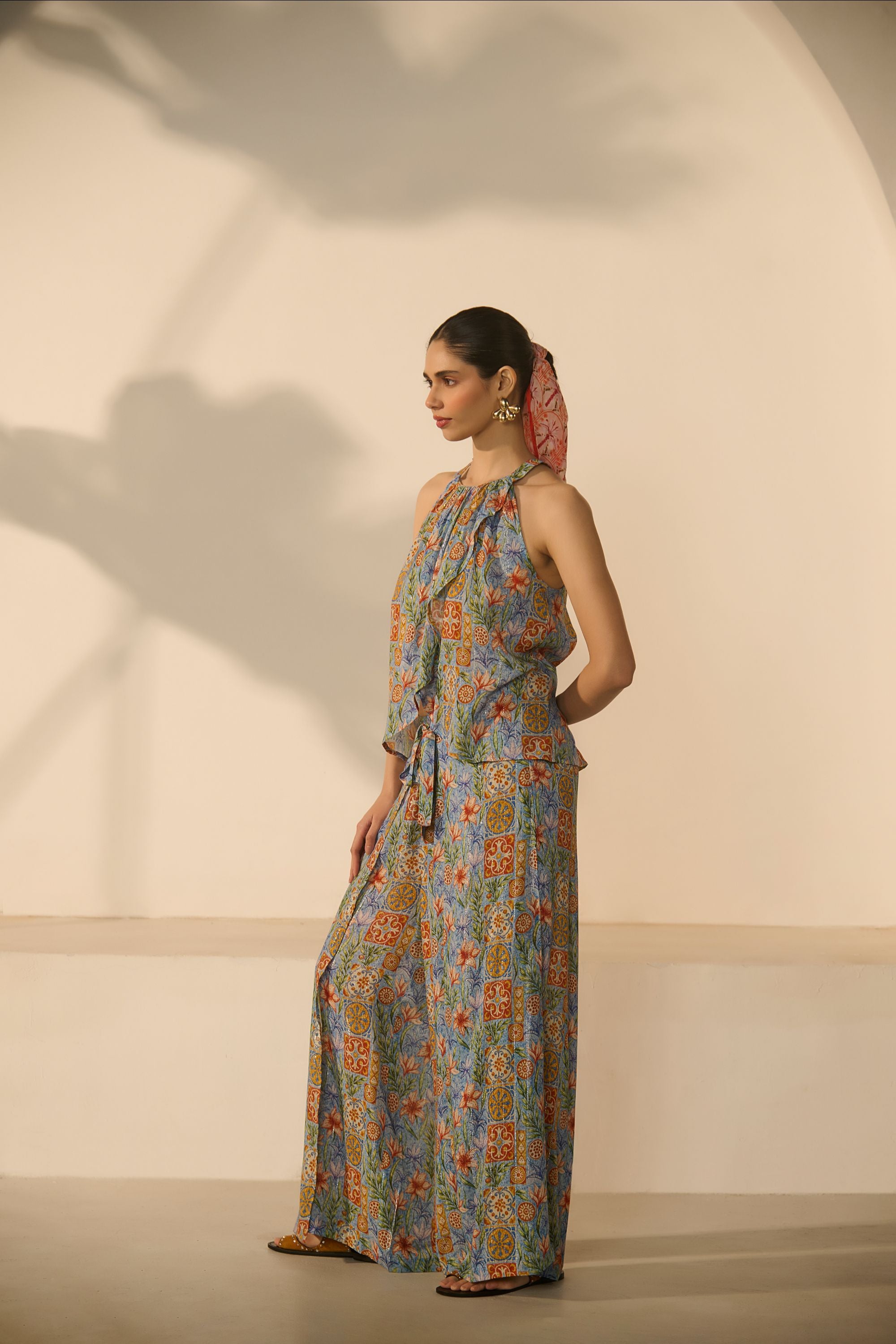 Blue Floral Halter Neck Pleated Top and Wide-Leg Trouser Co-ord Set