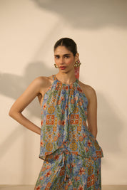 Blue Floral Halter Neck Pleated Top and Wide-Leg Trouser Co-ord Set