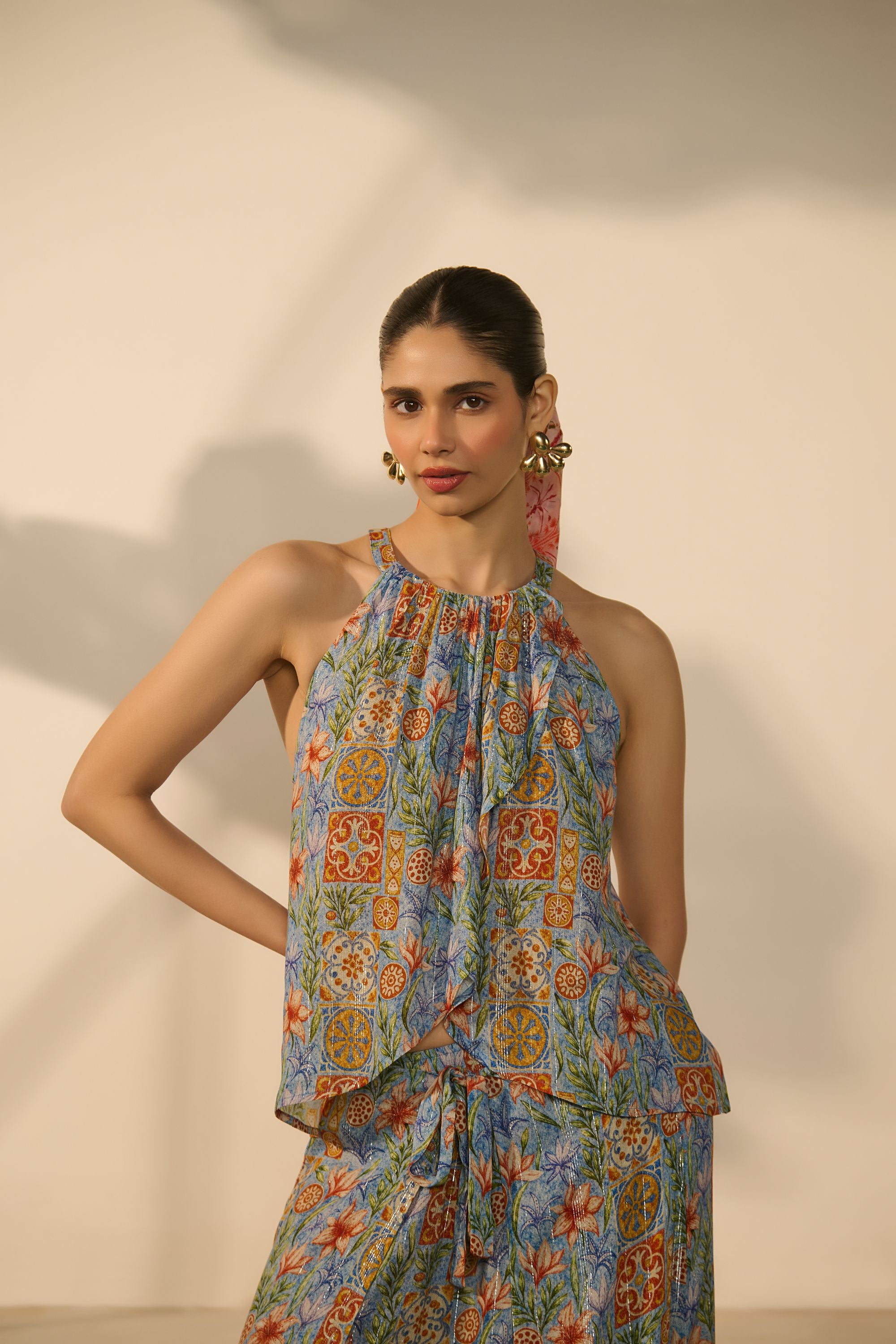 Blue Floral Halter Neck Pleated Top and Wide-Leg Trouser Co-ord Set