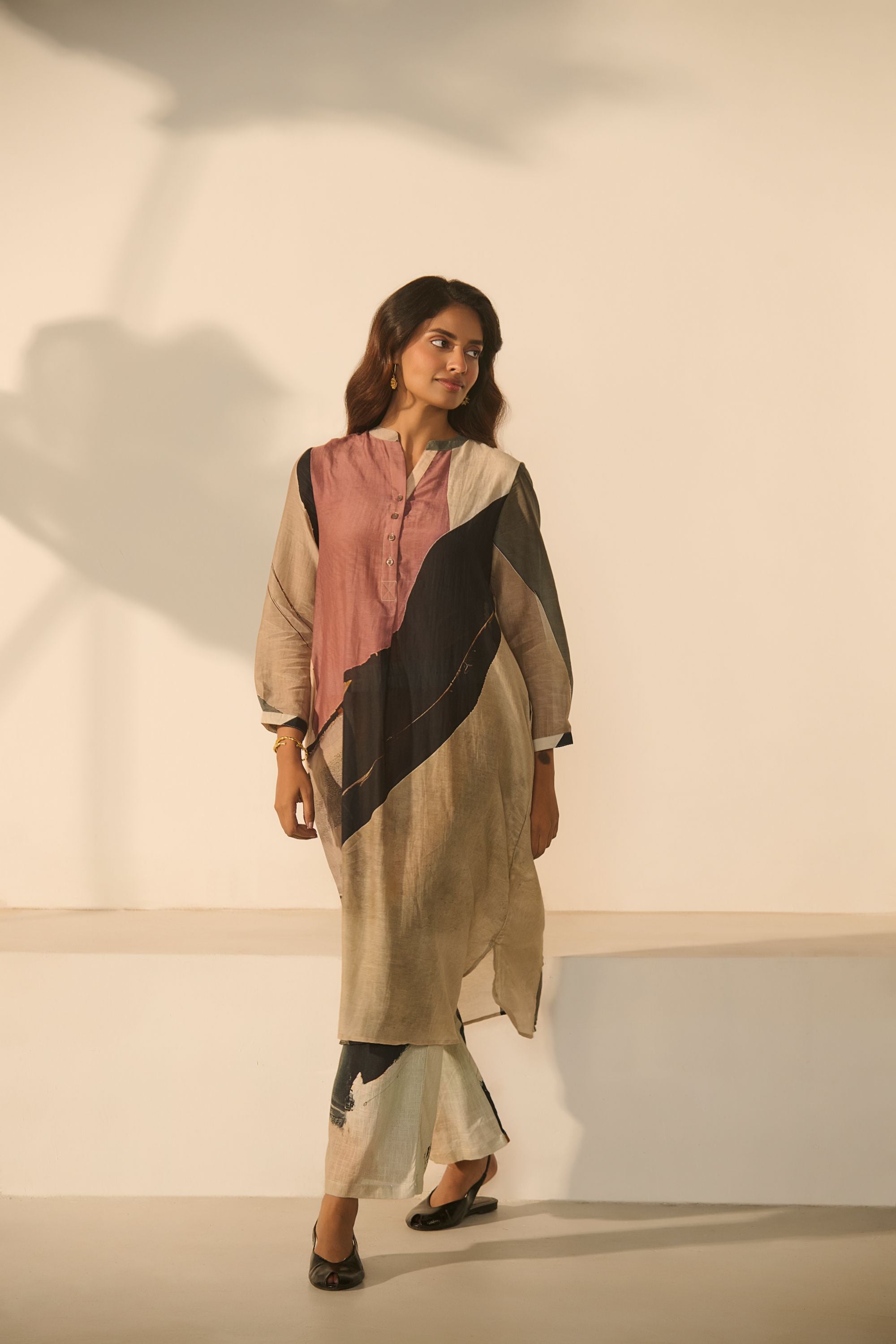 Abstract Print Color-Block Longline Tunic with Matching Wide-Leg Trousers
