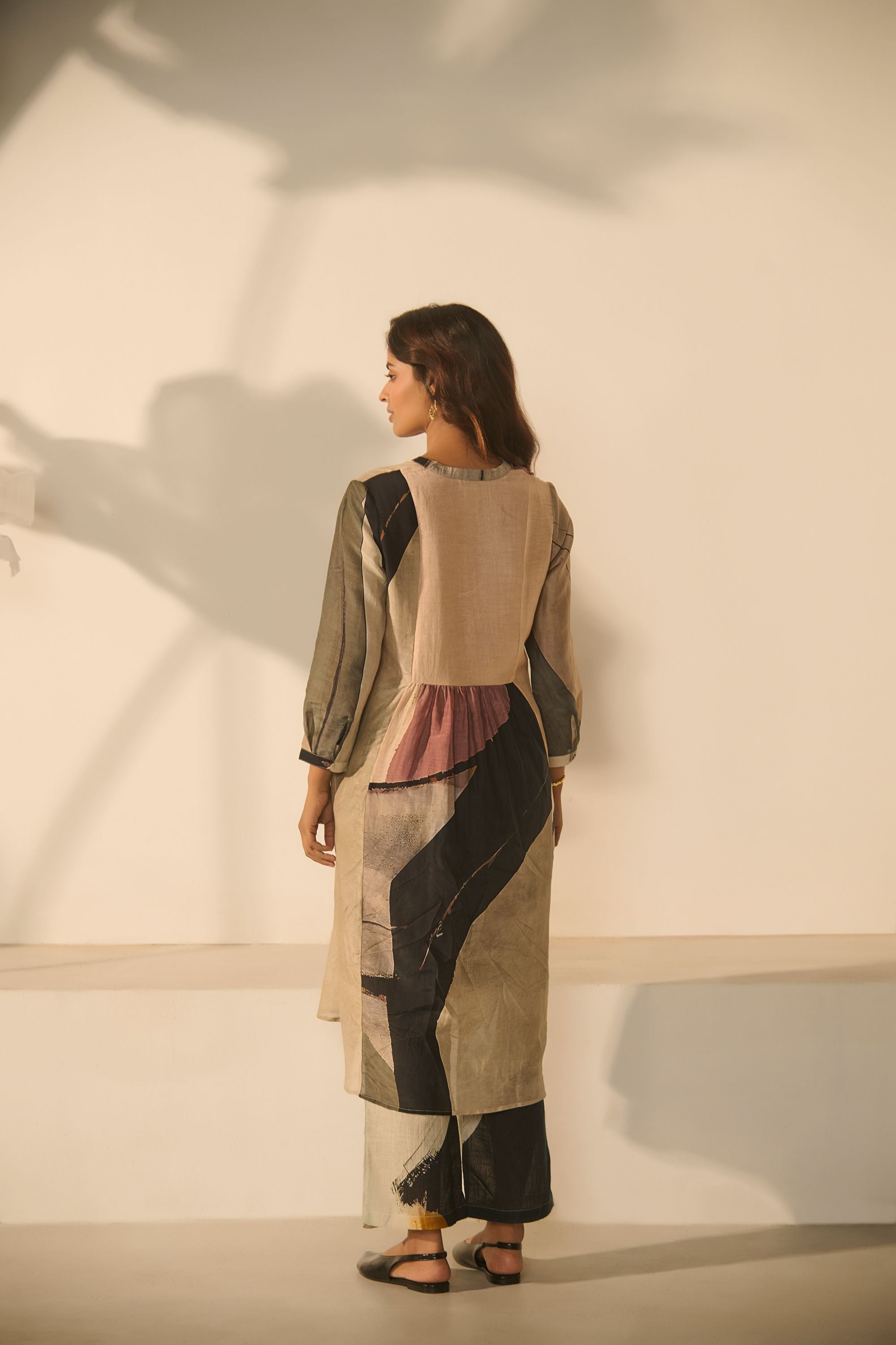 Abstract Print Color-Block Longline Tunic with Matching Wide-Leg Trousers