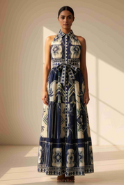 Tropical Medallion Tiered Halter Maxi