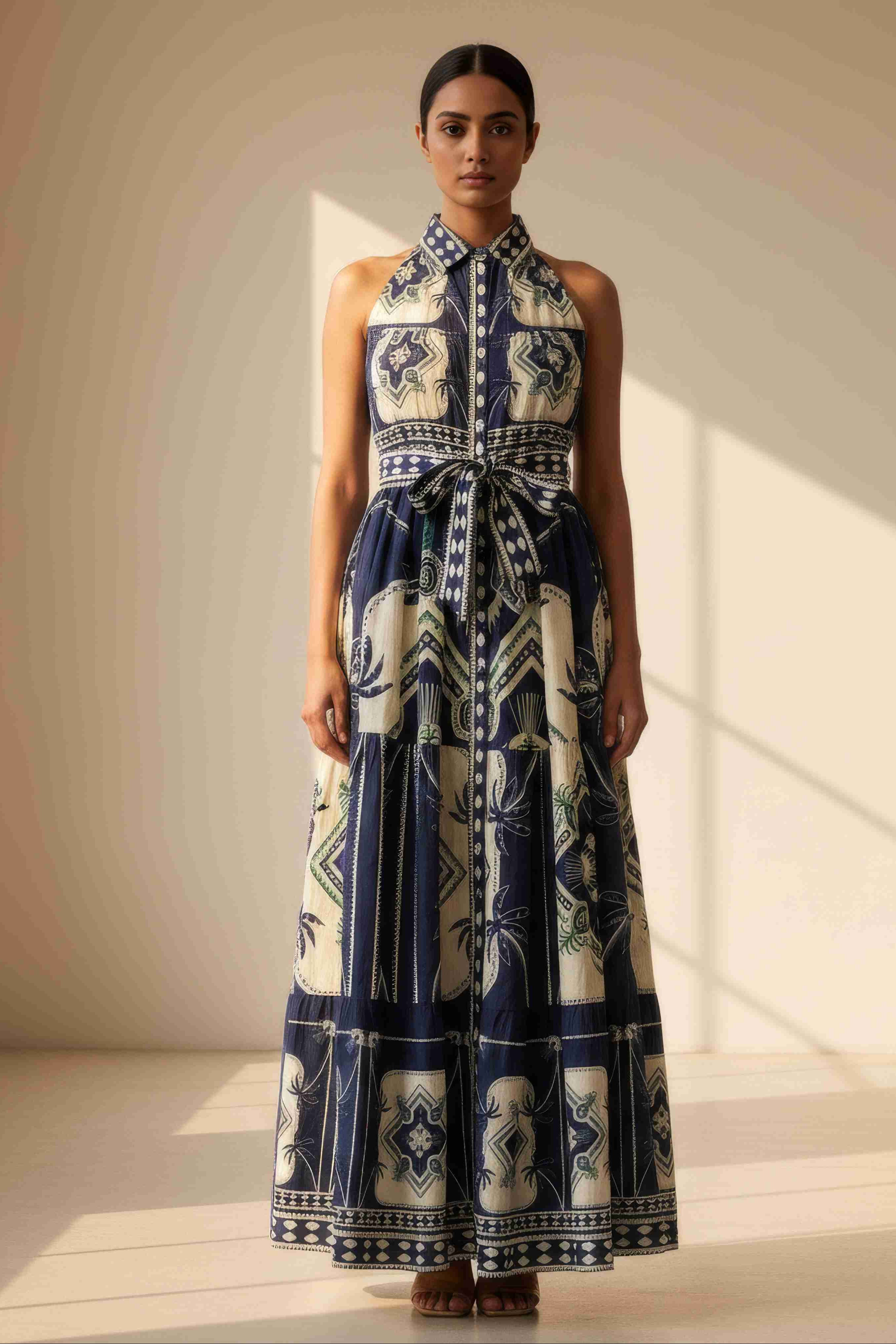 Tropical Medallion Tiered Halter Maxi