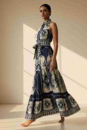 Tropical Medallion Tiered Halter Maxi