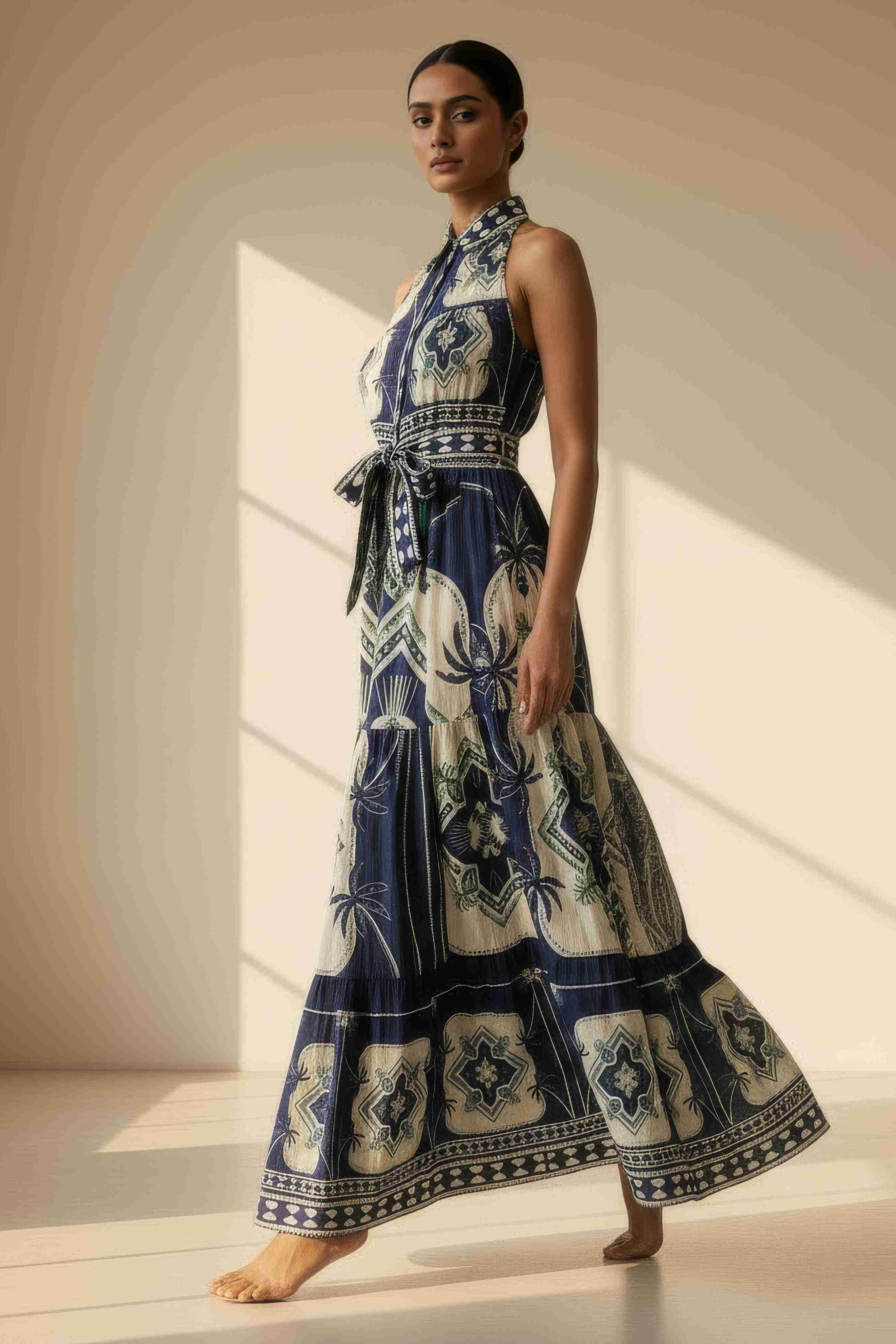 Tropical Medallion Tiered Halter Maxi