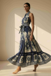 Tropical Medallion Tiered Halter Maxi