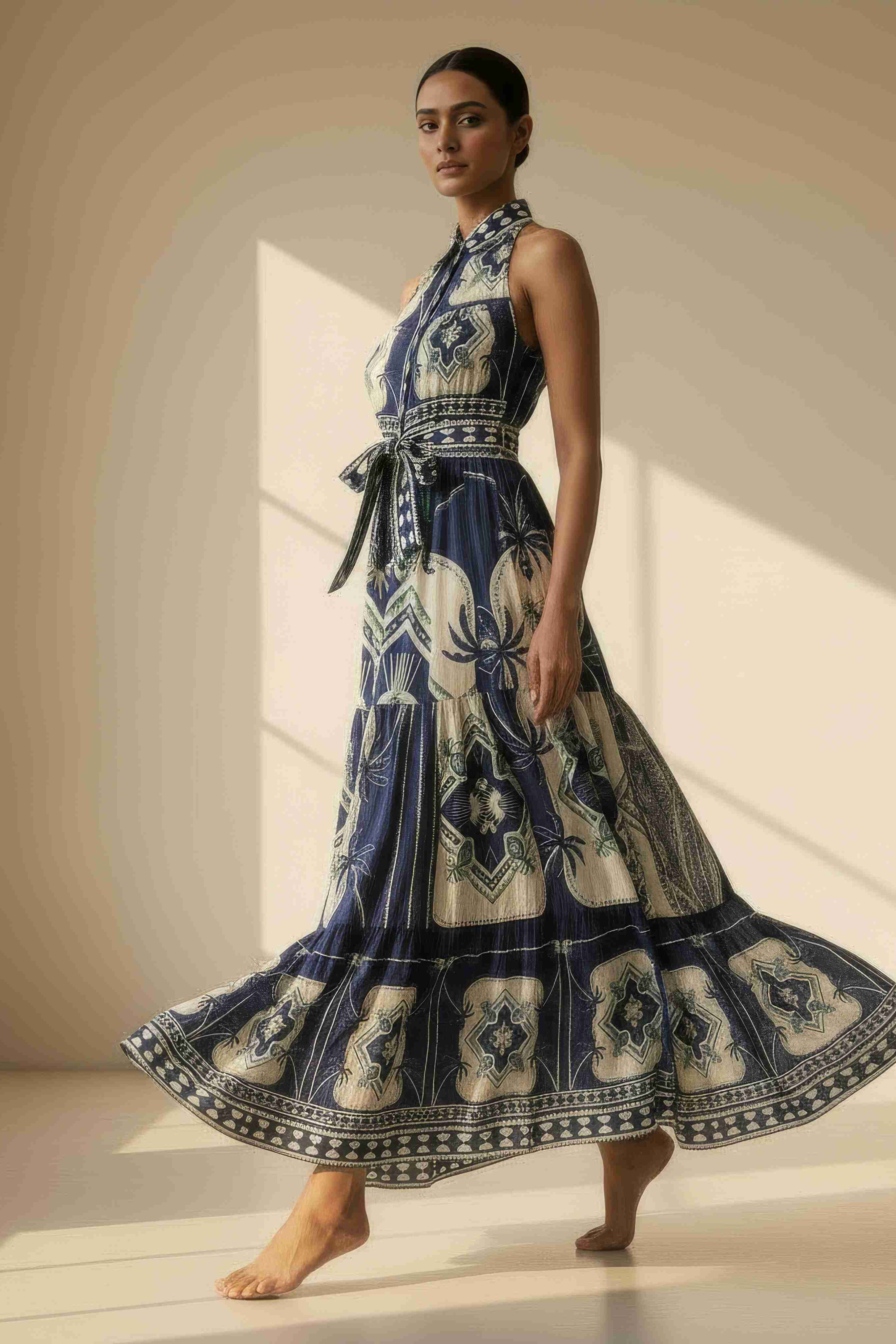Tropical Medallion Tiered Halter Maxi