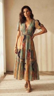 Patchwork Print Tiered Midi Dress with Puff Sleeves and Tassel Drawstring