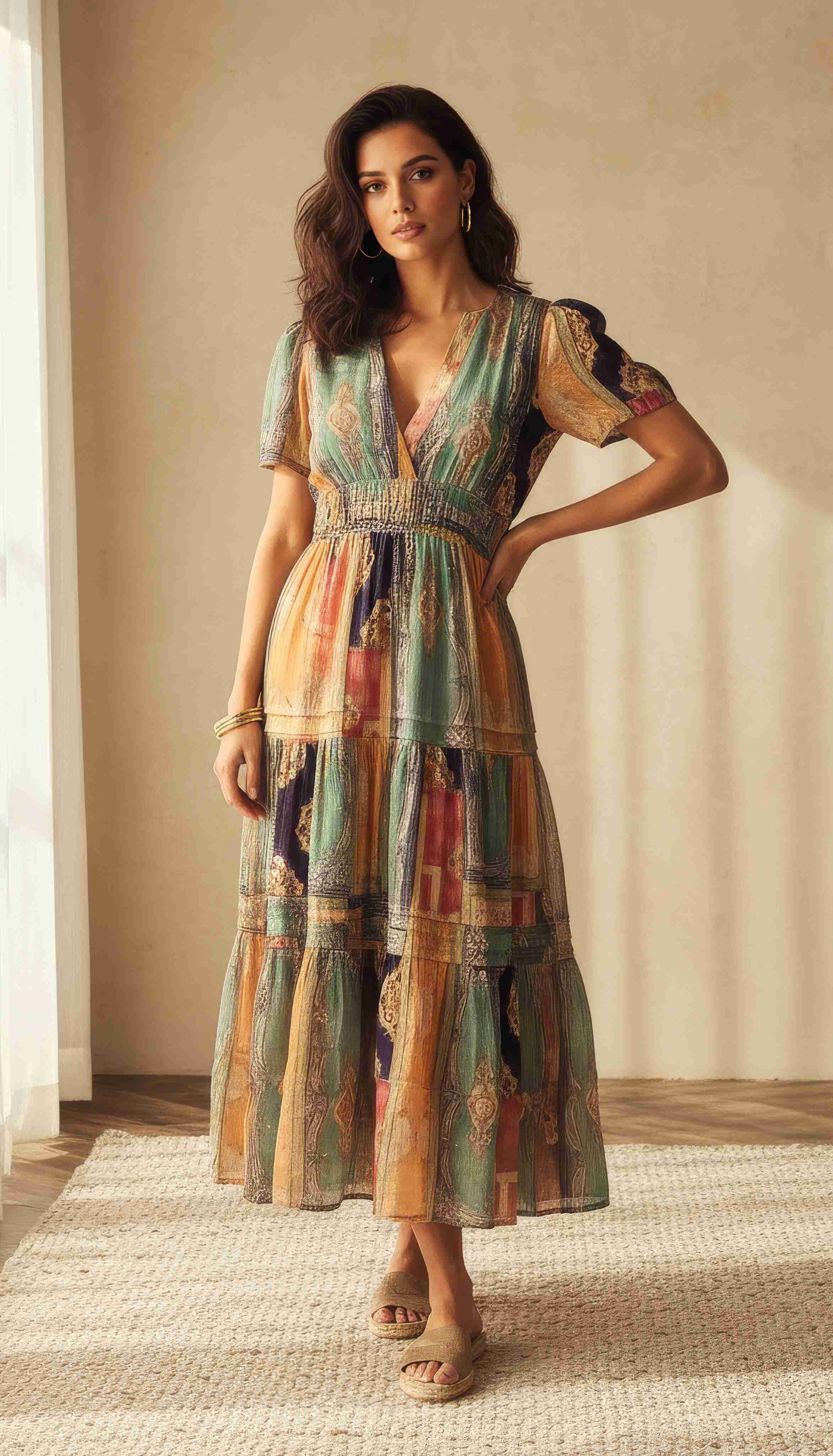 Patchwork Print Tiered Midi Dress with Puff Sleeves and Tassel Drawstring