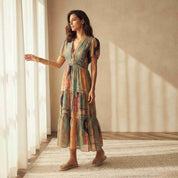 Patchwork Print Tiered Midi Dress with Puff Sleeves and Tassel Drawstring