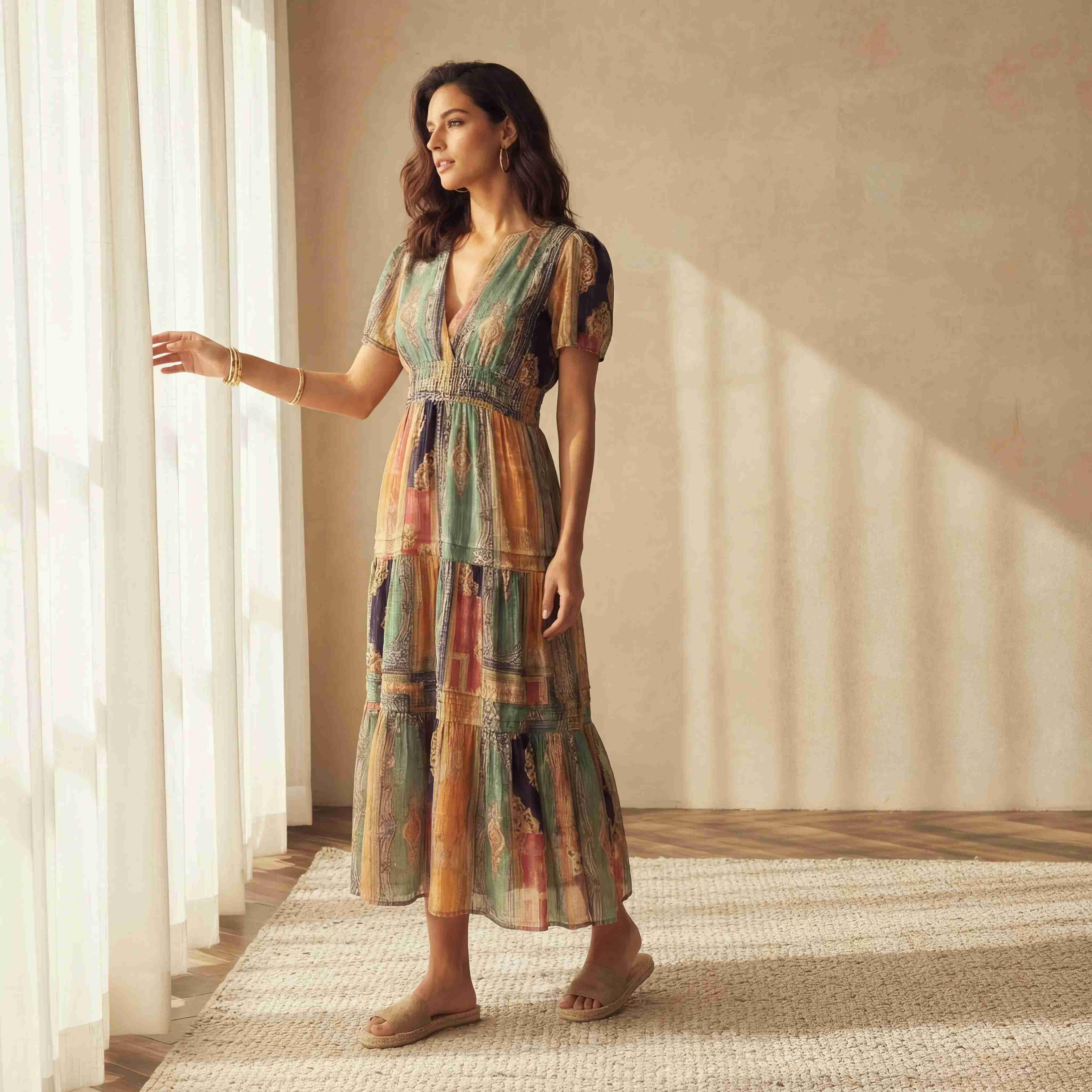 Patchwork Print Tiered Midi Dress with Puff Sleeves and Tassel Drawstring