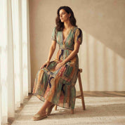 Patchwork Print Tiered Midi Dress with Puff Sleeves and Tassel Drawstring