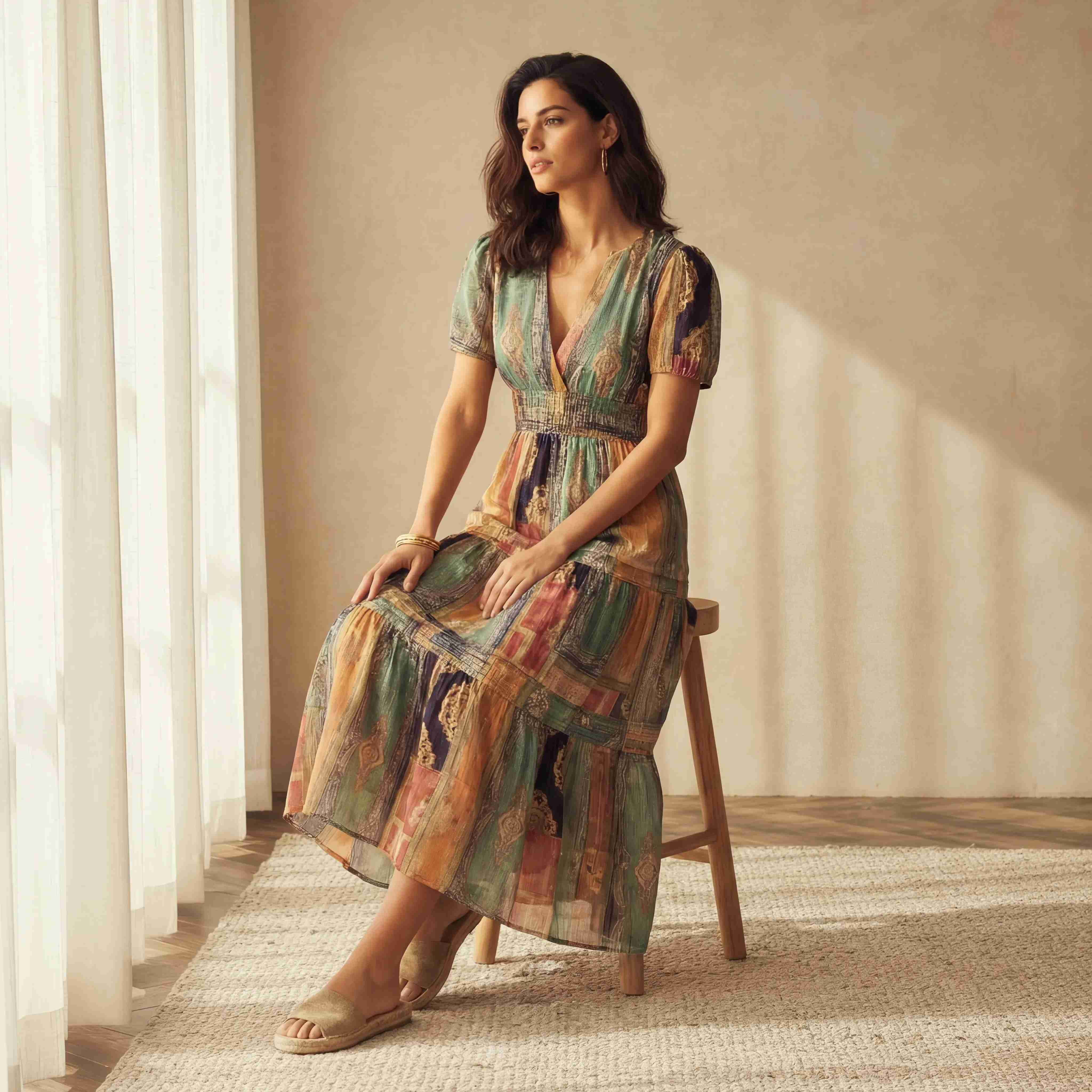 Patchwork Print Tiered Midi Dress with Puff Sleeves and Tassel Drawstring