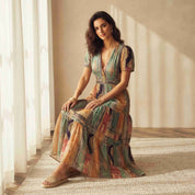 Patchwork Print Tiered Midi Dress with Puff Sleeves and Tassel Drawstring