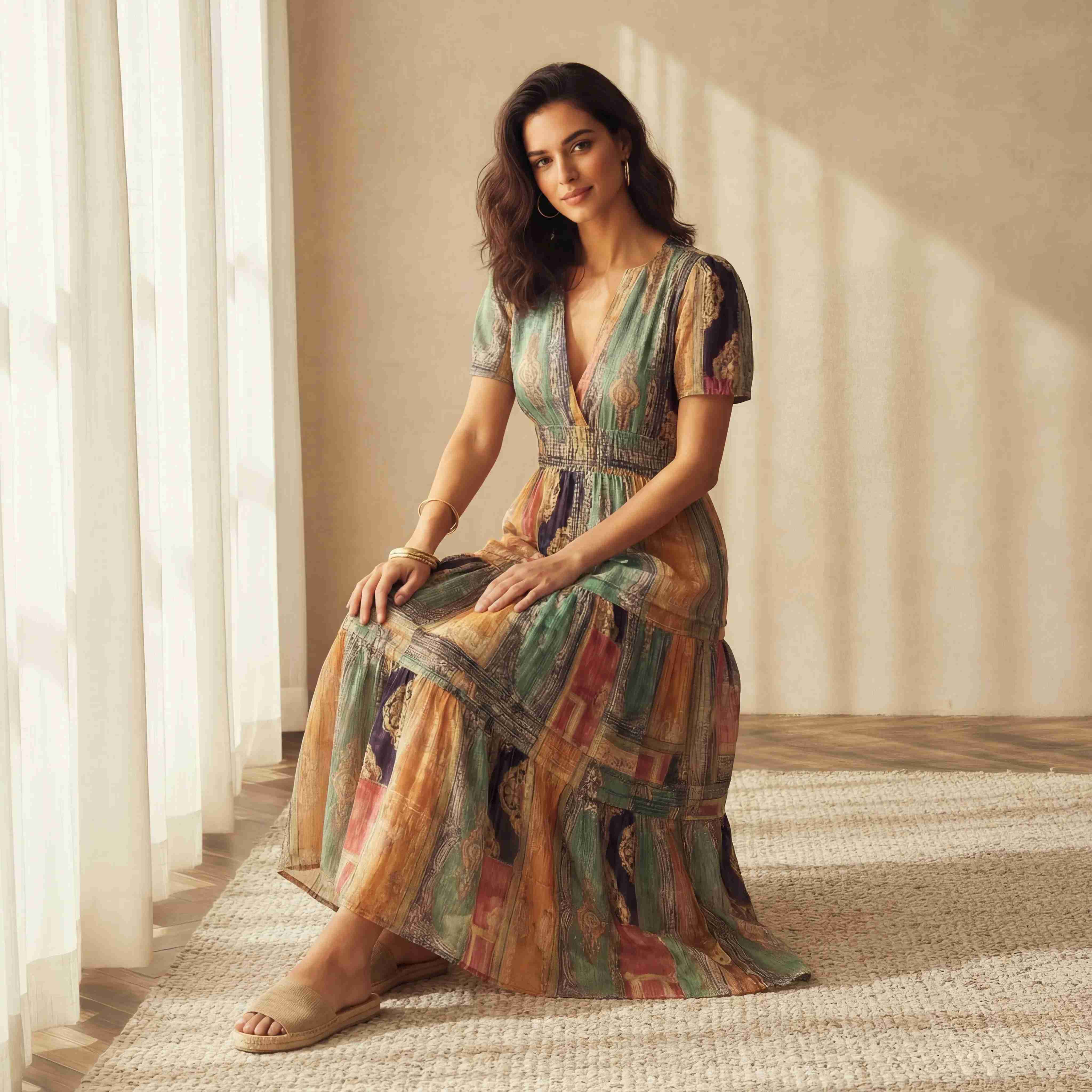 Patchwork Print Tiered Midi Dress with Puff Sleeves and Tassel Drawstring