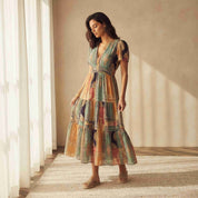 Patchwork Print Tiered Midi Dress with Puff Sleeves and Tassel Drawstring