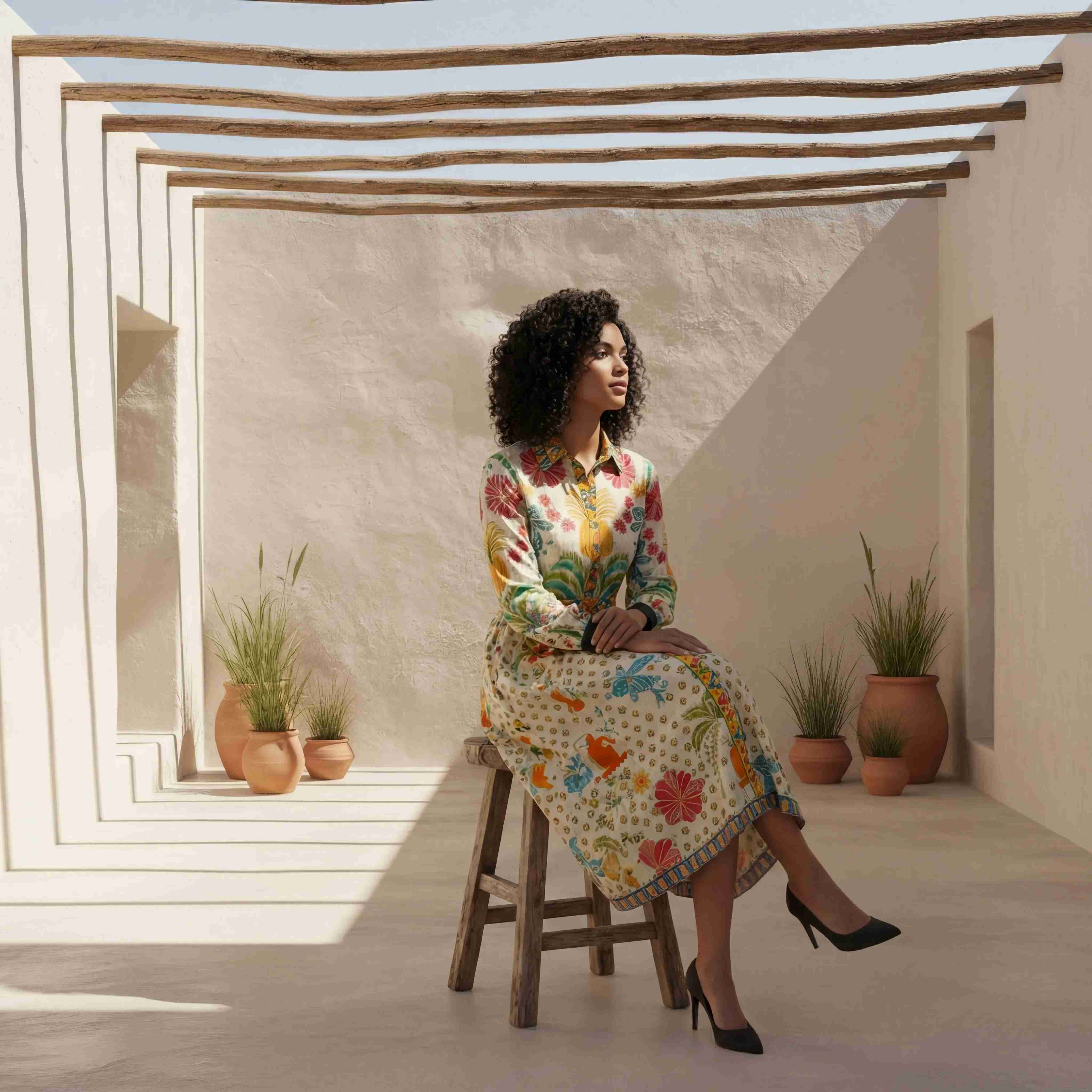 Multi-Color Botanical Print Belted Shirtdress