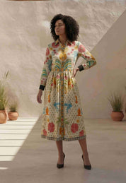 Multi-Color Botanical Print Belted Shirtdress