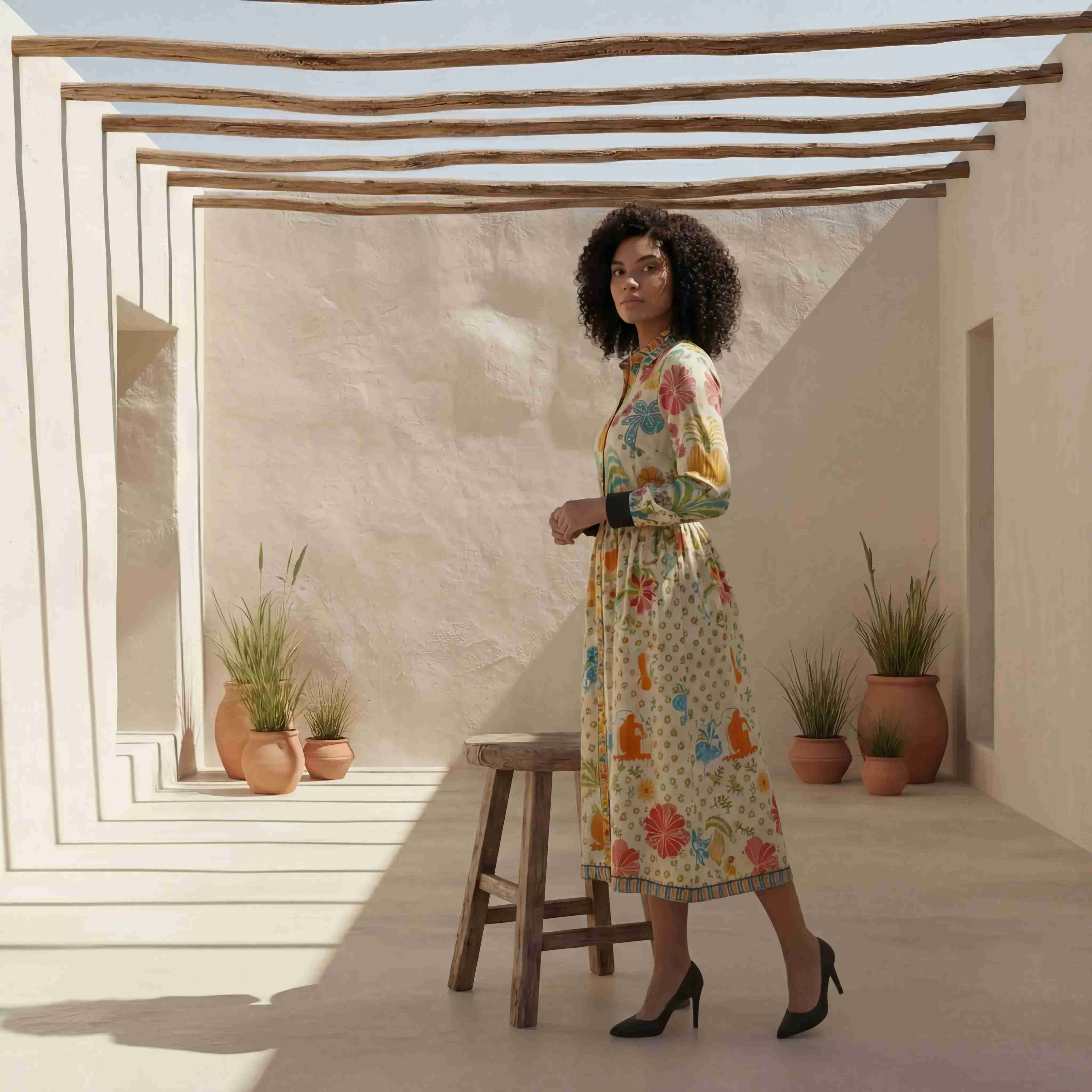 Multi-Color Botanical Print Belted Shirtdress