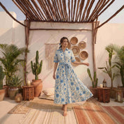 Blue and White Floral Print 
Cotton Shirt Dress with Belt