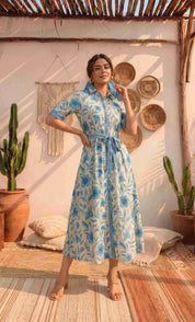 Blue and White Floral Print 
Cotton Shirt Dress with Belt