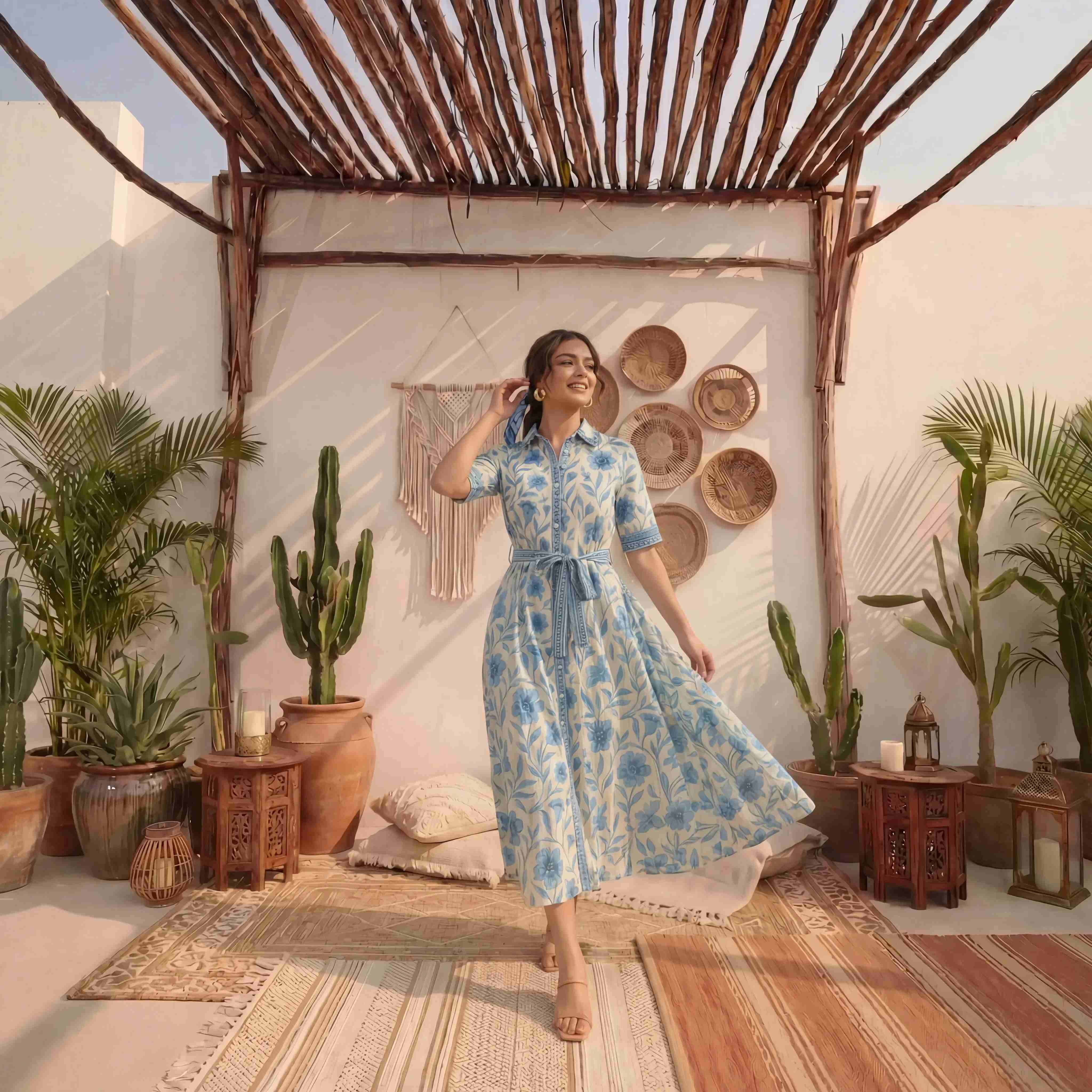 Blue and White Floral Print 
Cotton Shirt Dress with Belt