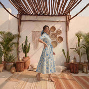 Blue and White Floral Print 
Cotton Shirt Dress with Belt