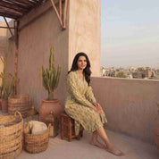 Olive Leaf Print Belted Shirt Dress