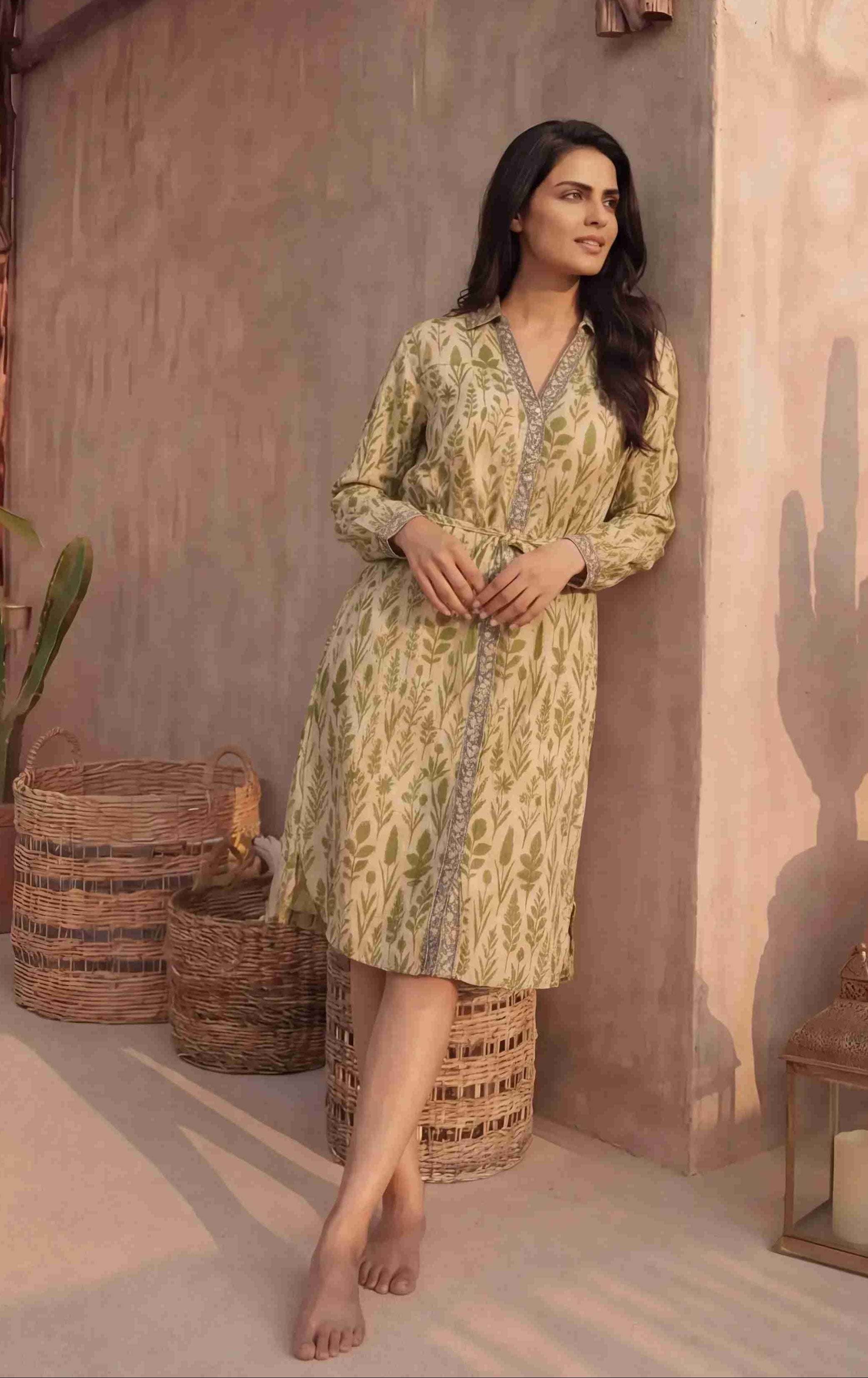 Olive Leaf Print Belted Shirt Dress