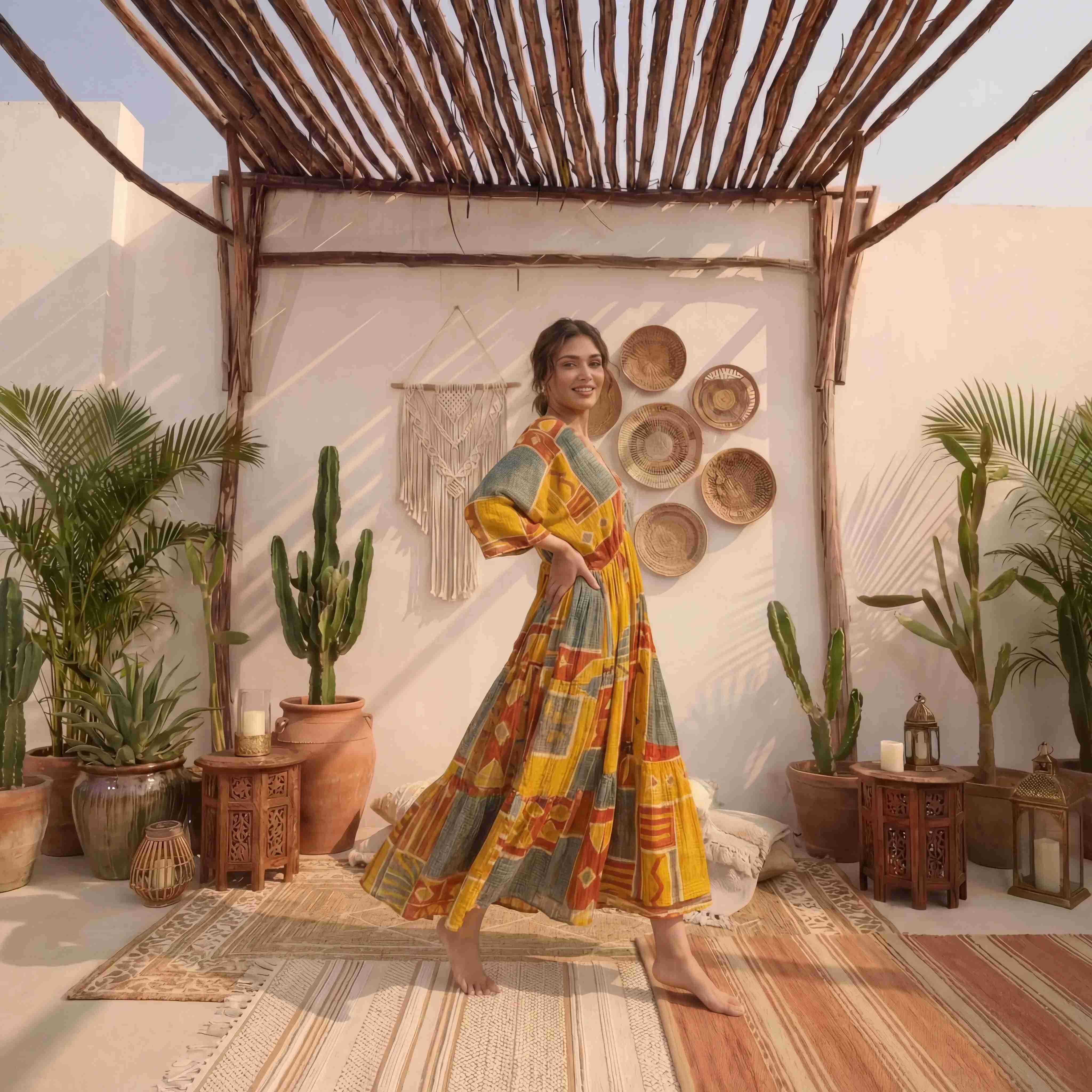 Mustard Patchwork Print Cotton Maxi Dress