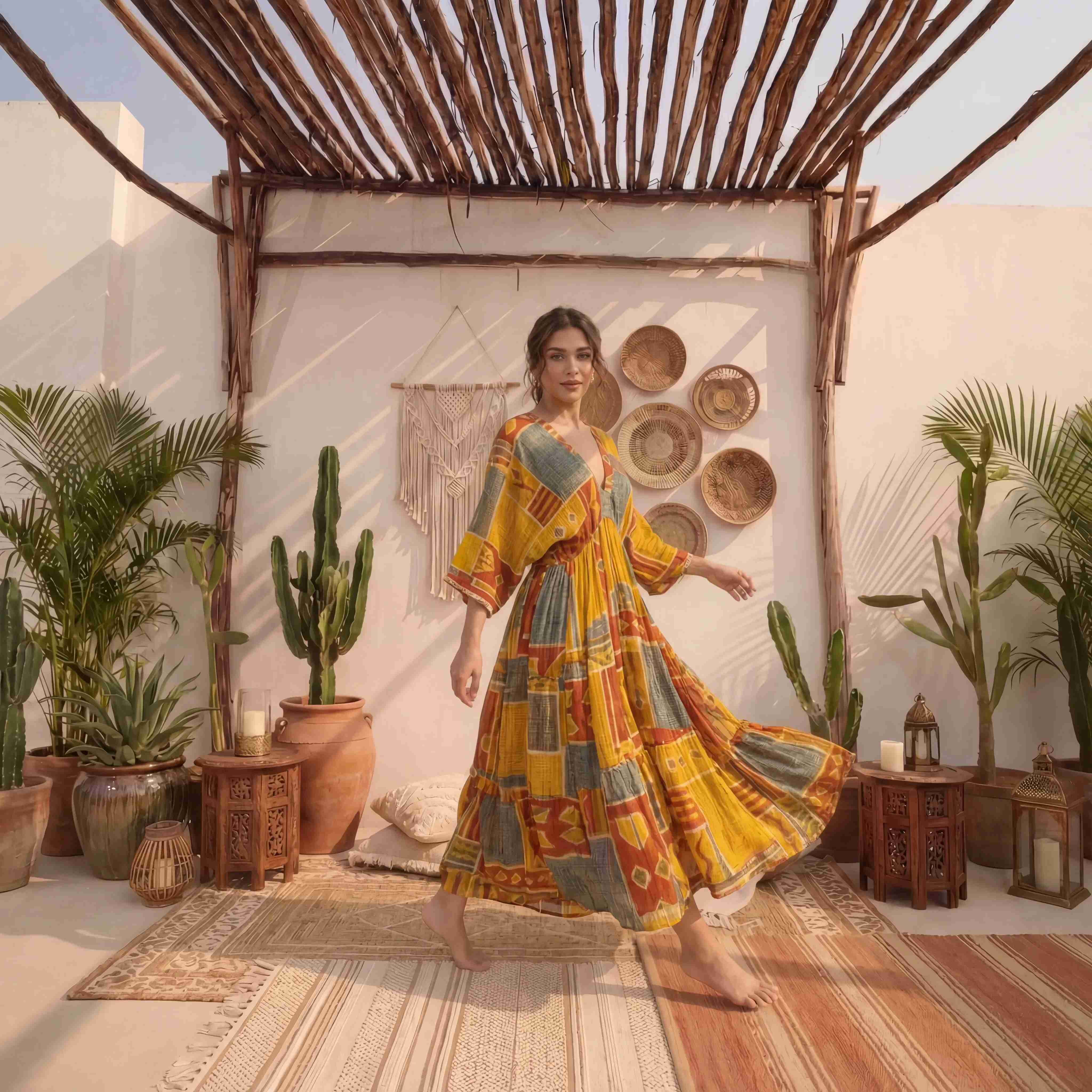 Mustard Patchwork Print Cotton Maxi Dress