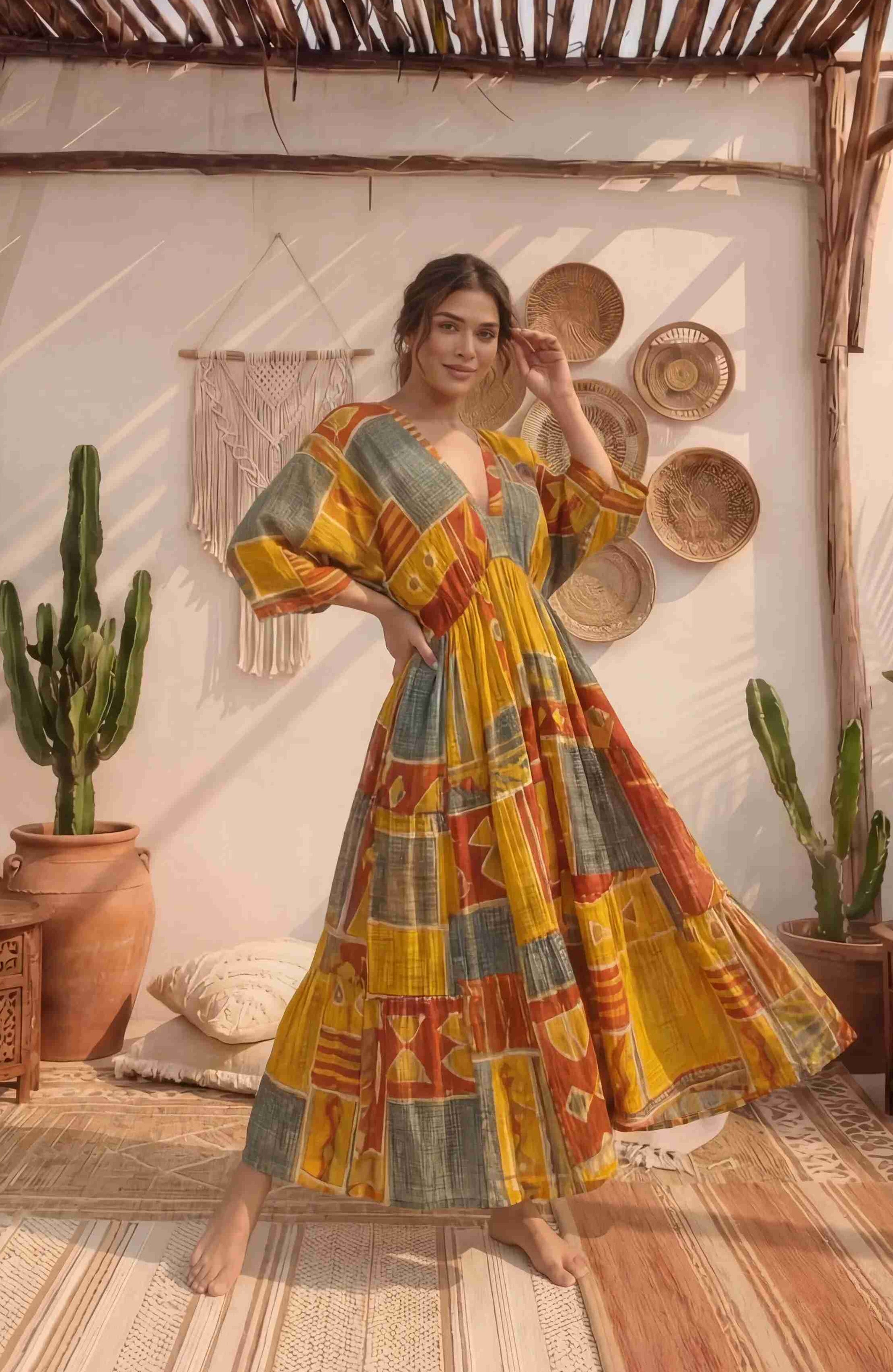 Mustard Patchwork Print Cotton Maxi Dress