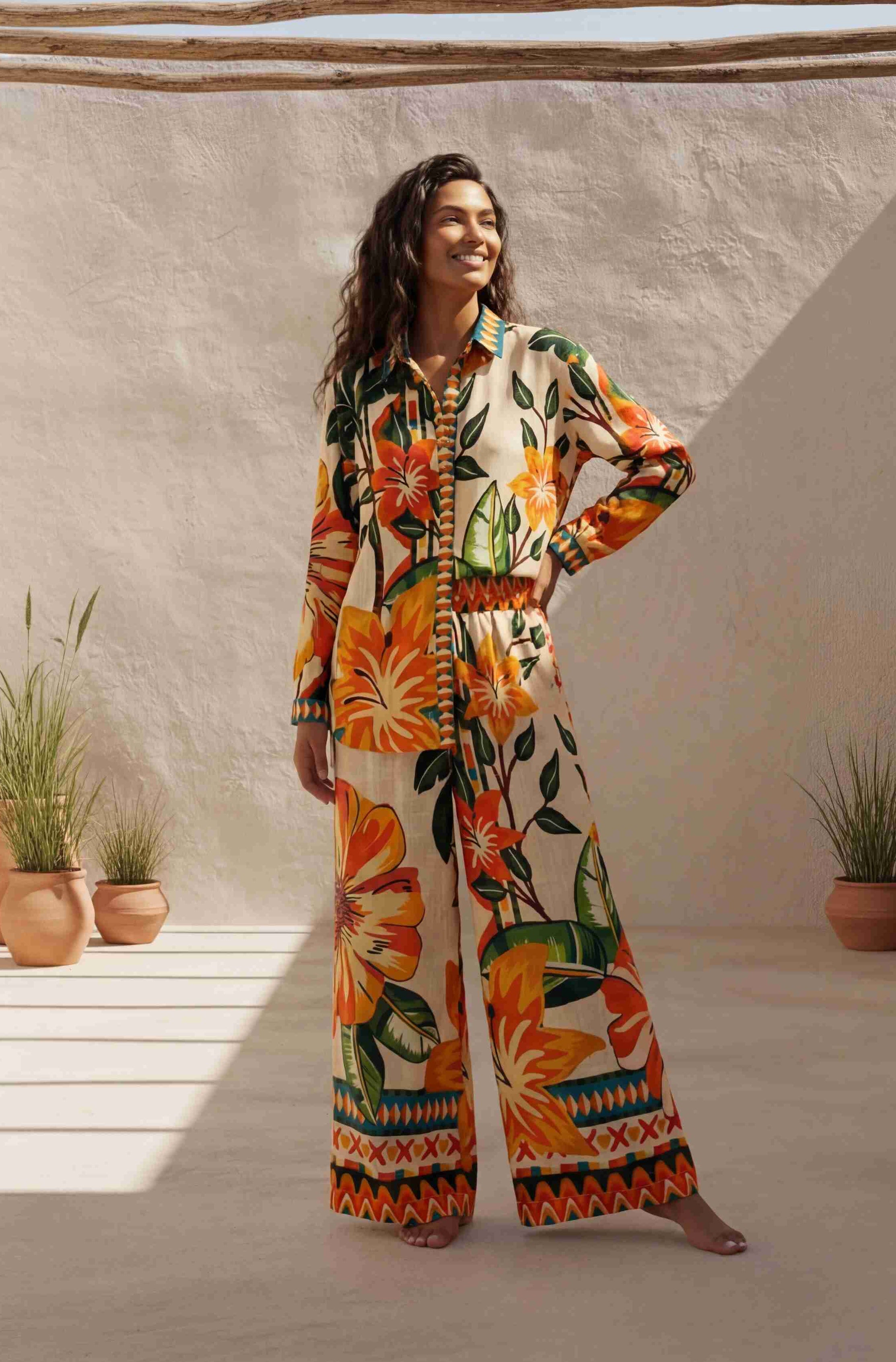 Tropical Multi Color Floral Print Shirt and Trousers