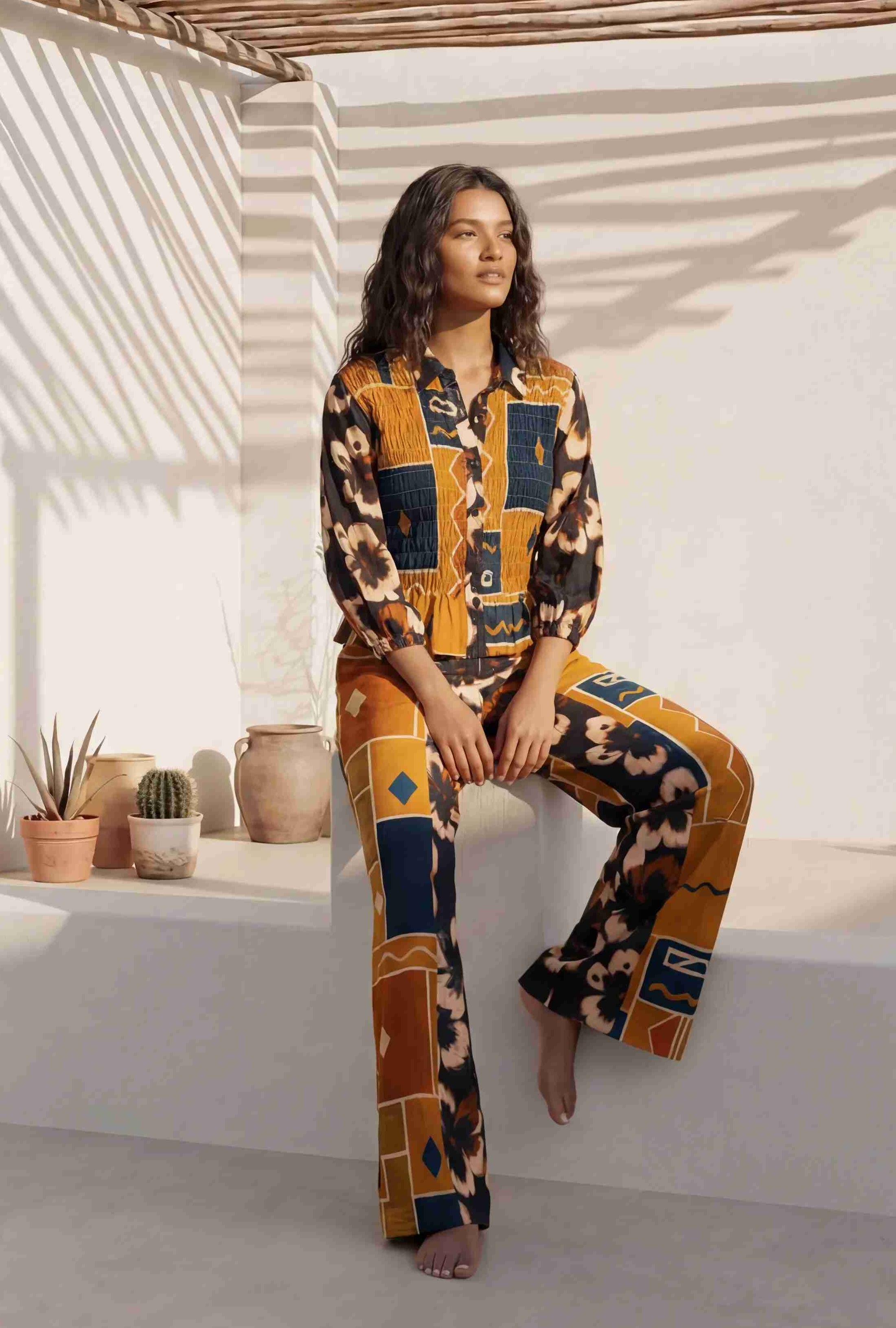 Mustard Abstract Patchwork Print Co-ord Set