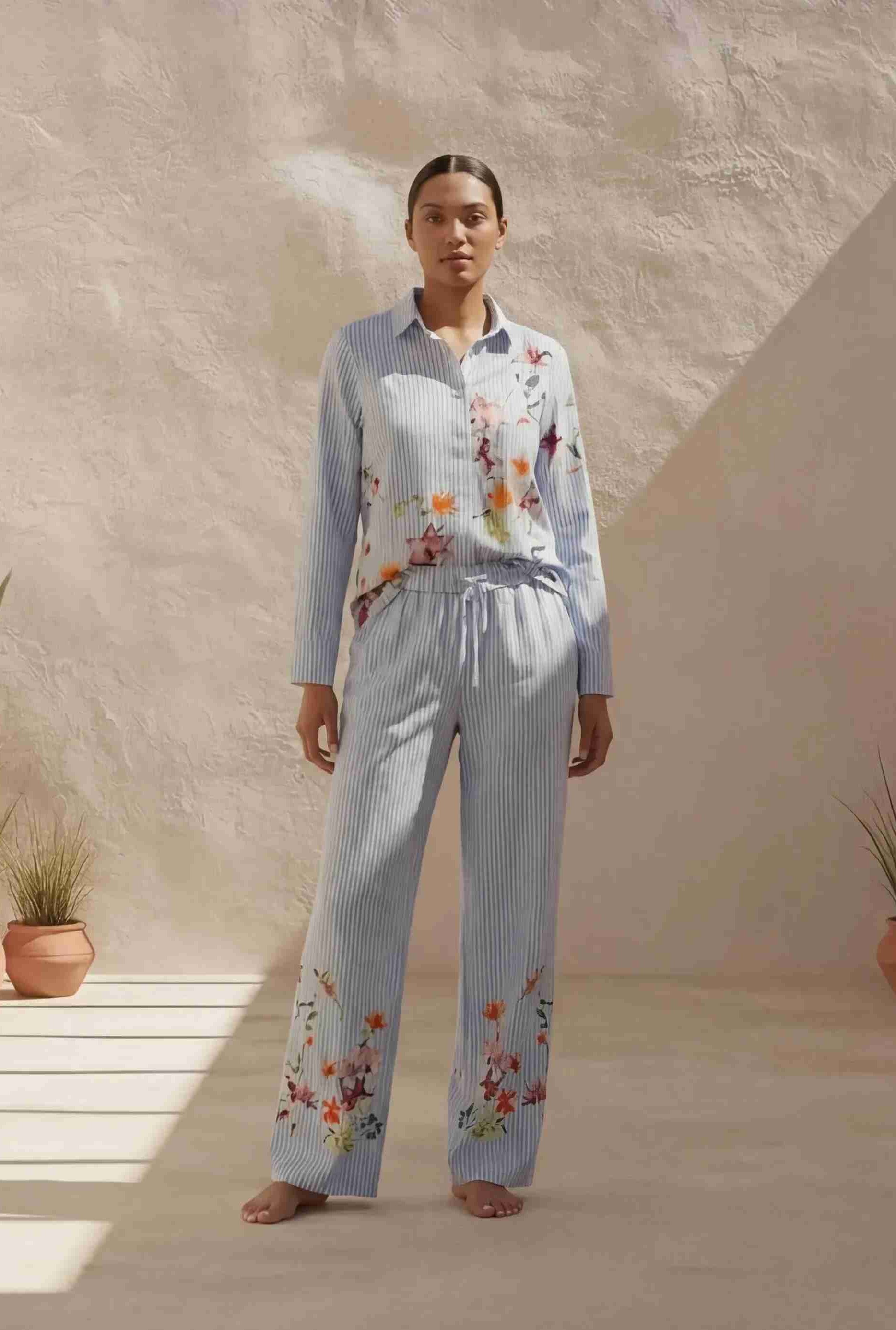 Powder Blue Striped Floral Print Co-ord Set